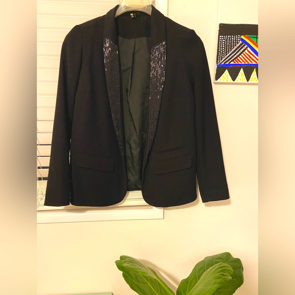 TOPSHOP Sequin Collar Blazer, Black Sz 6